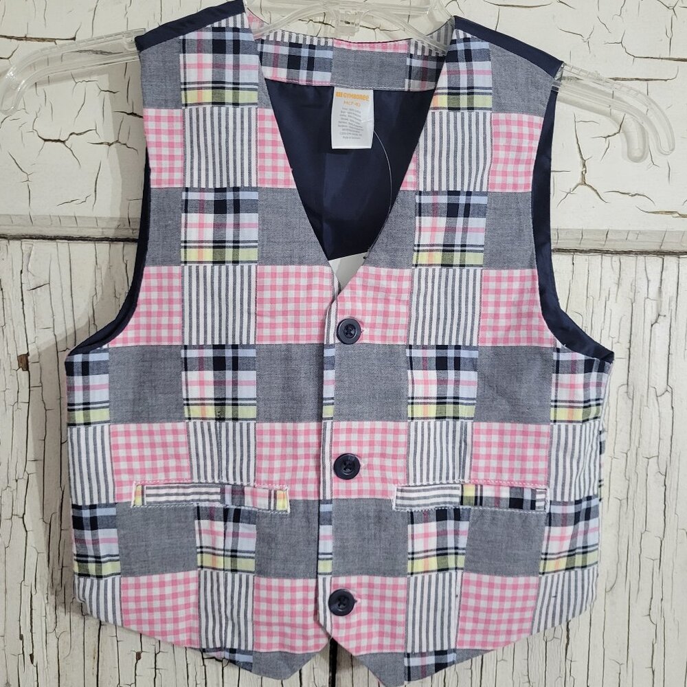 Gymboree Boys Patchwork Plaid Vest Pink Gray Blue M Med 7-8 Spring Dressy Easter